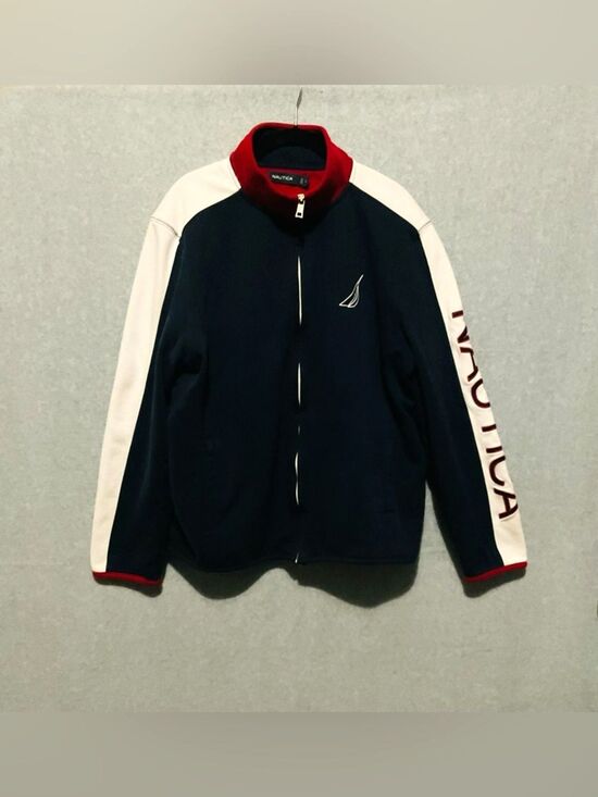 Nautica Other - Nautica Vintage Aesthetic Fleece Track Jacket Large L Spellout Sleeve Navy Red